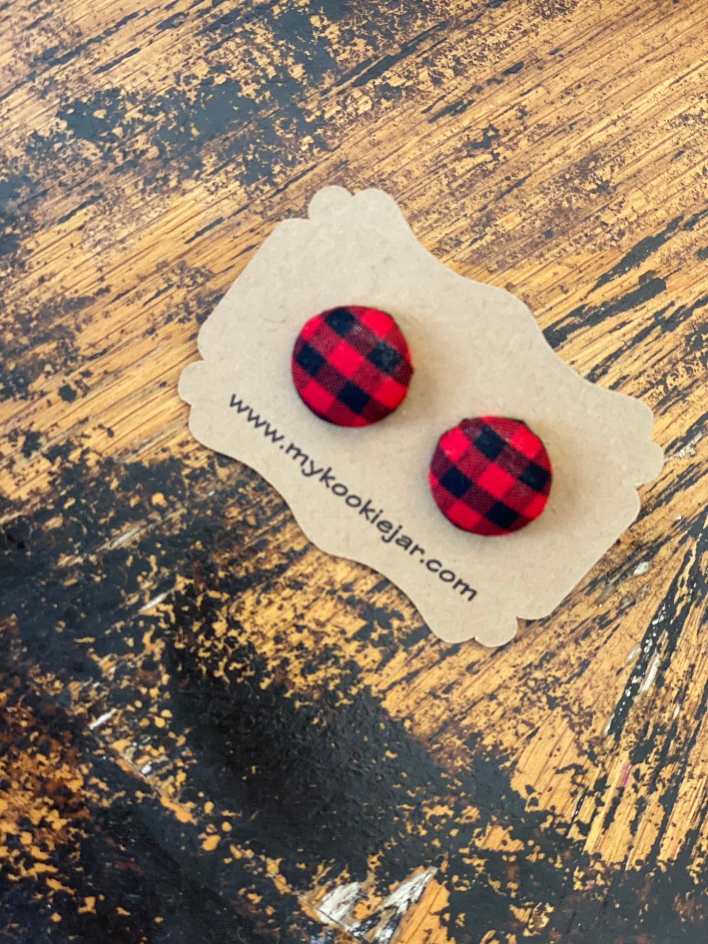 Button Earrings Red Buffalo Check