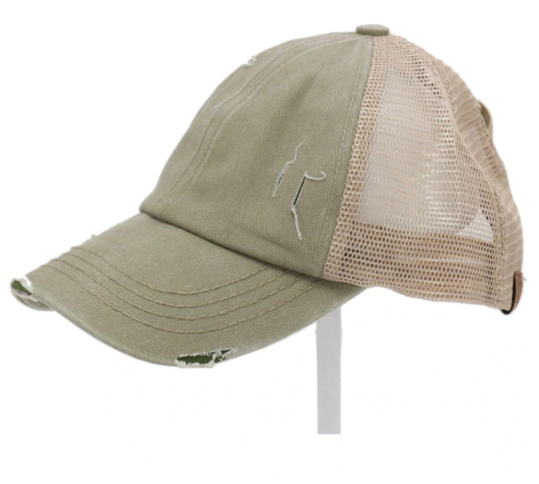 CC Distressed Pony Cap (Khaki Olive)